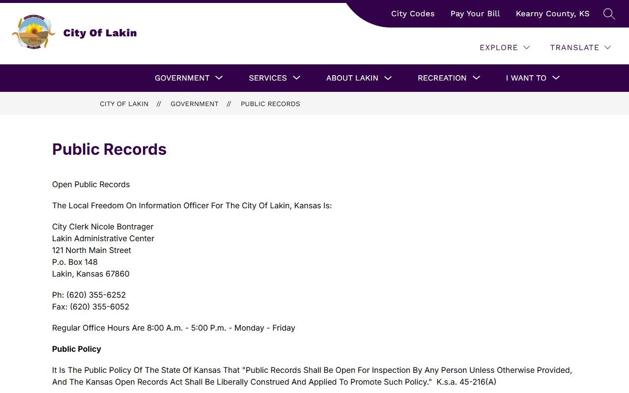 Kearny County Clerk of the District Court City of Lakin public records