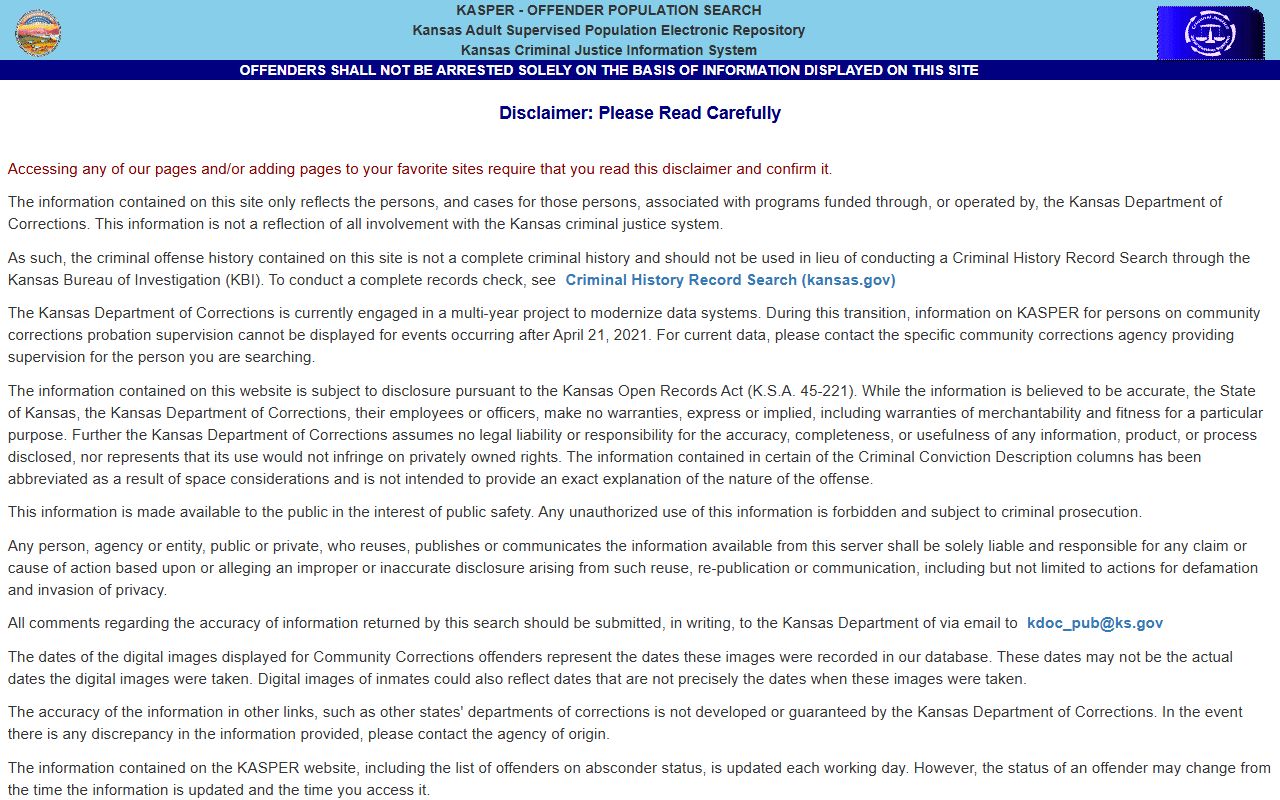 Kearny County inmate records KDOC KASPER disclaimer