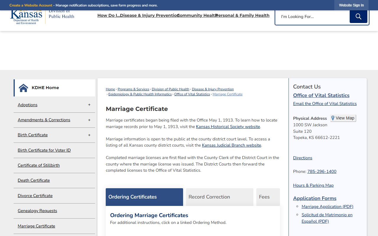 Kearny County marriage records KDHE marriage certificate ordering