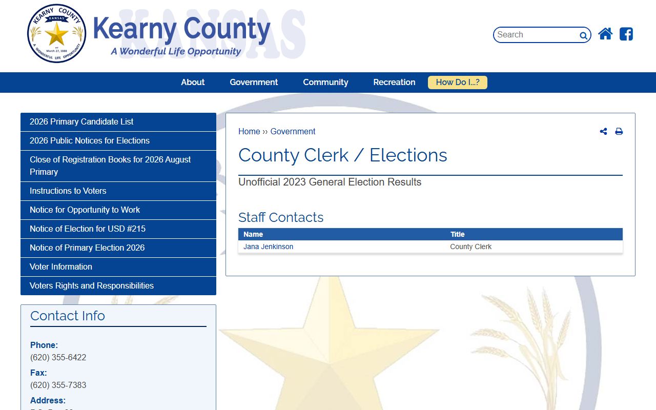 Kearny County marriage records county clerk elections distinction