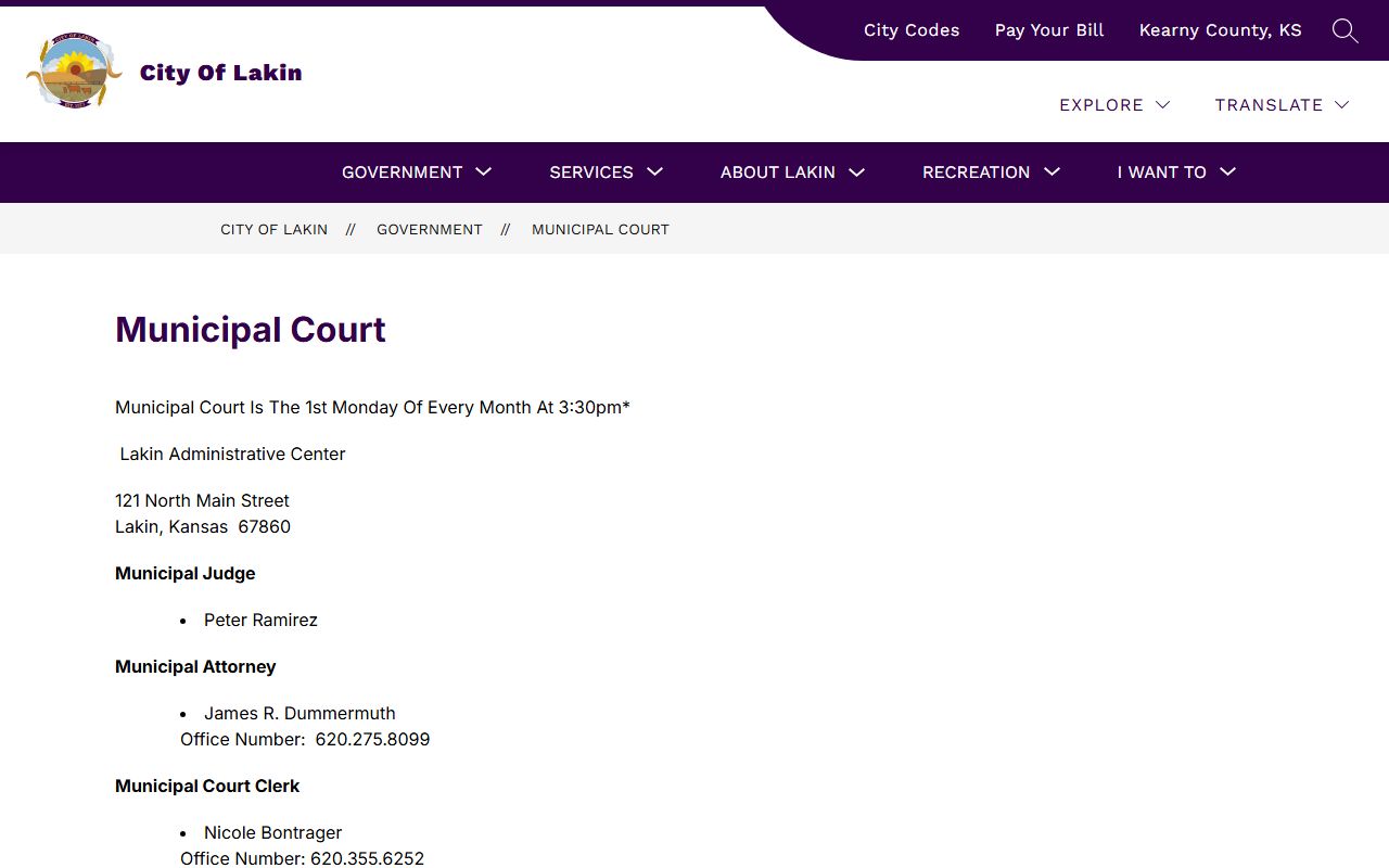 Kearny County warrant records Lakin Municipal Court
